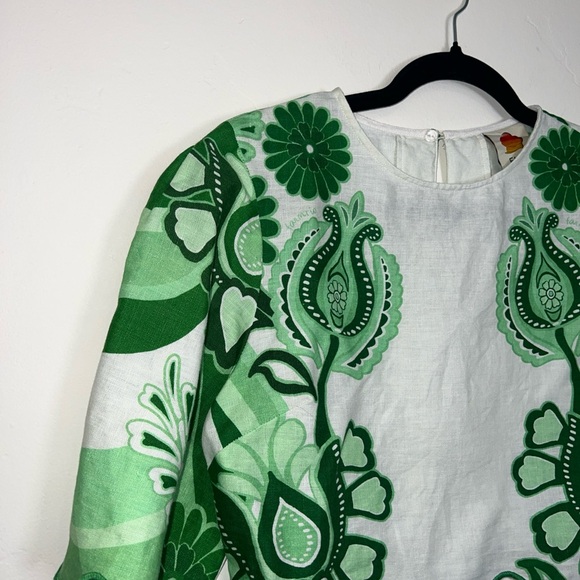 Farm Rio Festival 100% Linen Crop Top. Women’s Small. Green White Retail $175 - Picture 3 of 9